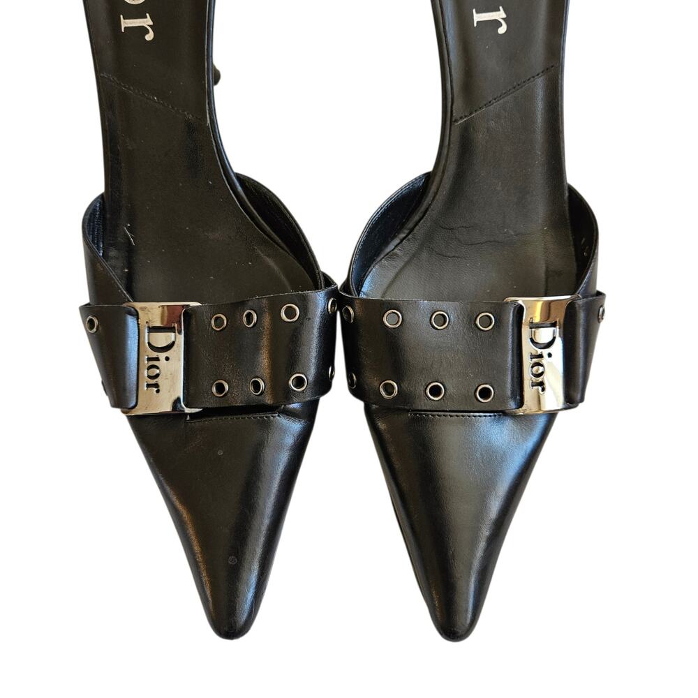 Y2k Dior Heels by John Galliano Pointed Toe Black Leather Mules - Size 38 - Picture 9 of 11